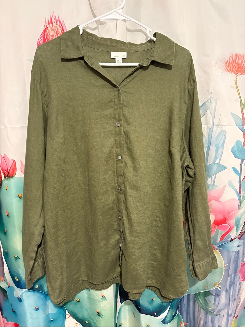 J. Jill Women’s 1X Green Solid Collared Button-Up Love Linen Long Sleeve Blouse